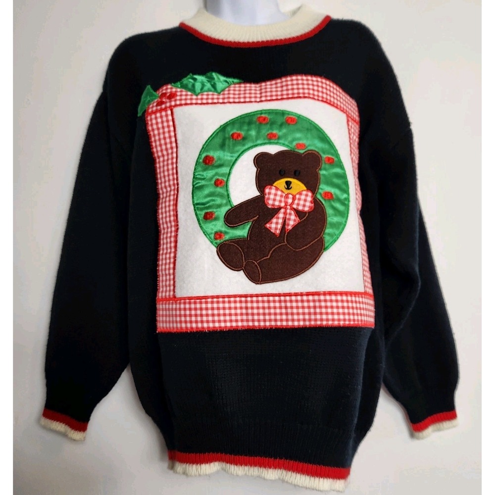 Vintage Teddy Bear Christmas Sweater S Holiday Novelty Kitsch Cute 90s Grandma